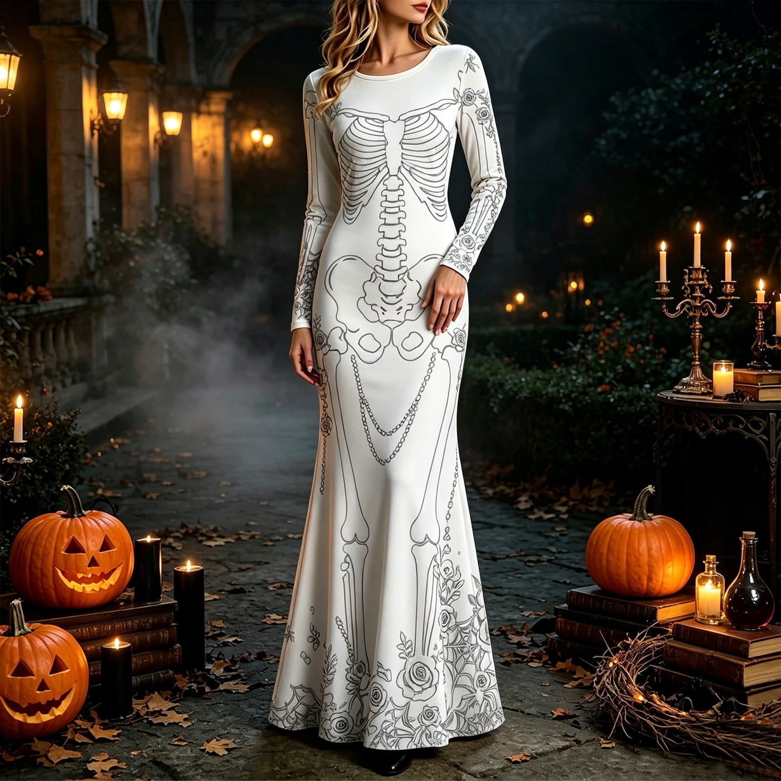 Women Skeleton Rose Print Maxi - Halloween Skeleton Decoration ulasan dan harga