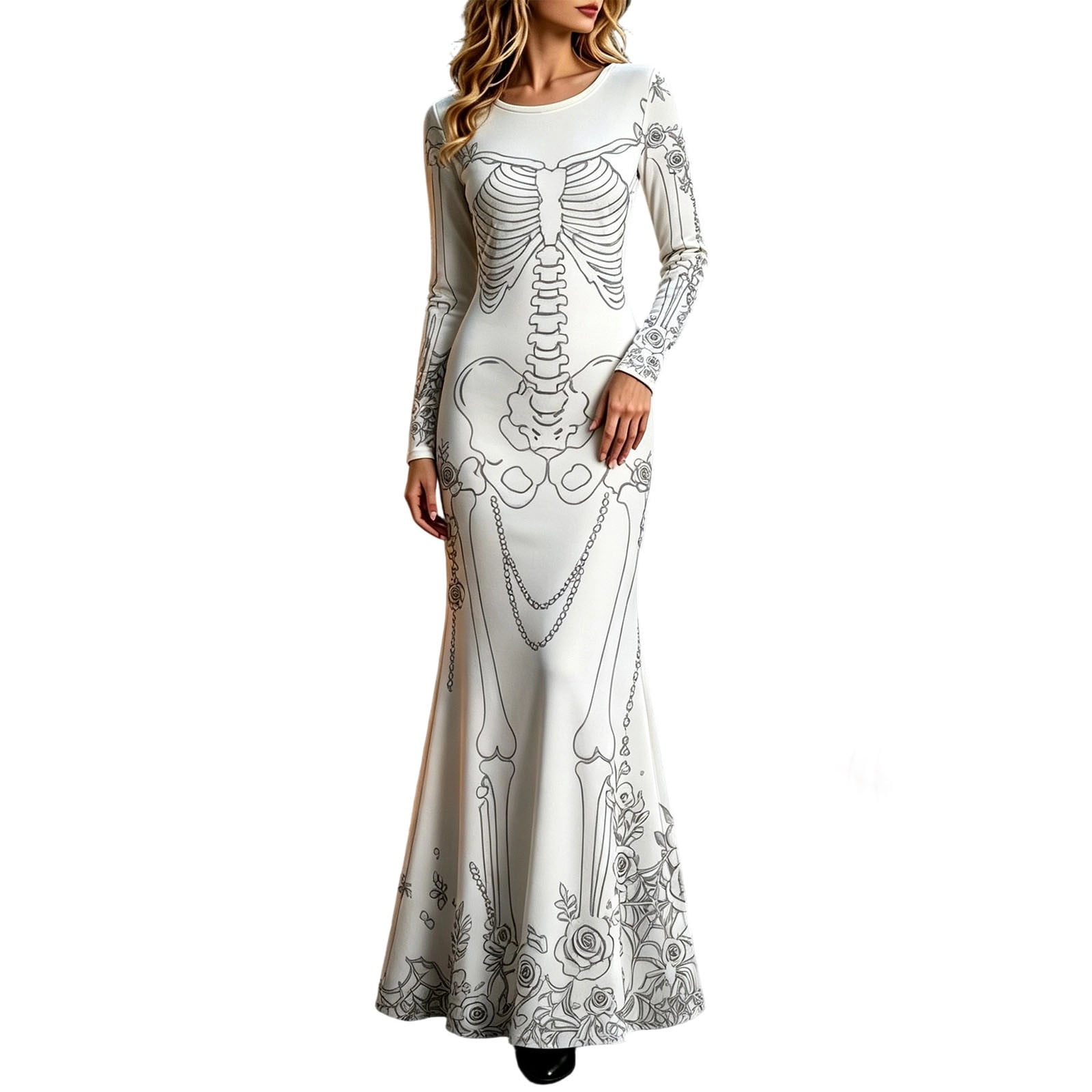 Women Skeleton Rose Print Maxi - Halloween Skeleton Decoration ulasan dan harga